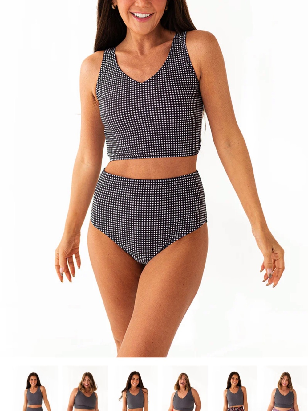 High-Waist V-Neck Two-Piece Bikini in Black and White Gingham